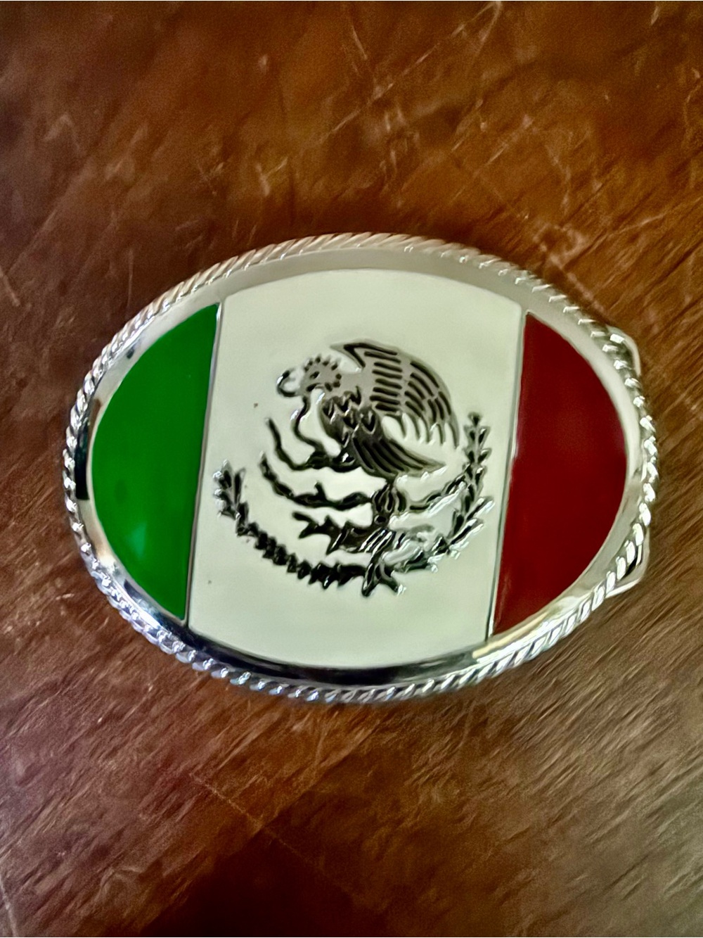 Ariat Mexican Flag Belt Buckle Silver Tone Oval Rope Border Western Vaquero